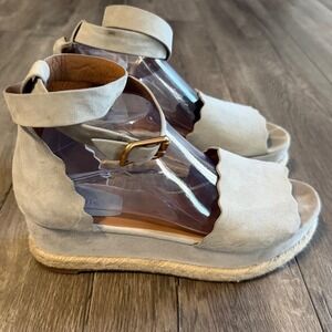 Chloe Lauren Scalloped Suede Espadrille Platform Wedge Sandals Grey Size 41
